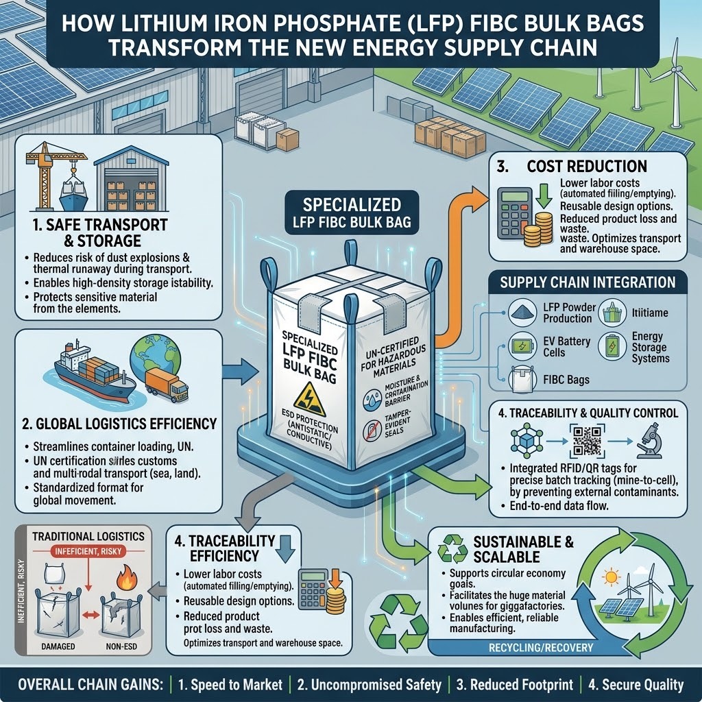 Últimos blogs de la empresa sobre ¿Qué significan las bolsas FIBC de fosfato de hierro de litio para la nueva cadena de suministro de energía?